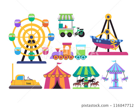 set amusement park ferris wheel boat carousel bumper car and tent circus entertainment festival set amusement park ferris wheel boat carousel bumper car and tent circus entertainment festival 116847712