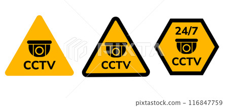 CCTV watching sign surveillance camera under graphic set yellow sticker label sign caution zone area 116847759