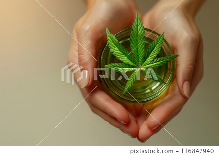 Hands Gently Holding Cannabis CBD Oil Jar with Fresh Leaf on Subtle beige Background 116847940