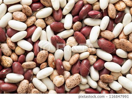 Assorted mix of red and white and variegated bean seeds with chickpeas textured background. 116847991