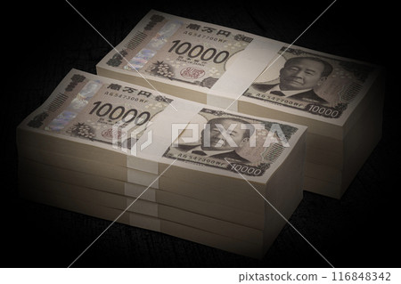 Japan's new banknotes photographed at an oblique angle. A negative image of a 10 million yen stack. Japan's new banknotes photographed at an oblique angle. A negative image of a 10 million yen stack. 116848342