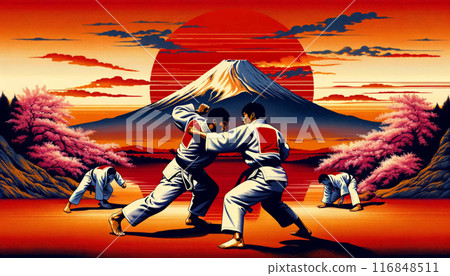 judo match at sunset, the background is an ukiyo-e inspired scene with Mount Fuji silhouetted against a fiery sky, surrounded by cherry blossoms. Generative AI 116848511
