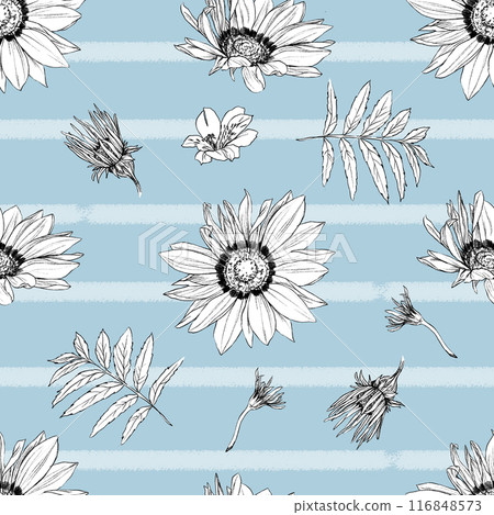 Hand drawn pencil graphic illustration seamless pattern of vintage flowers 116848573