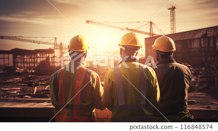 Engineers and a foreman are examining the progress of a building construction at a construction site. They are discussing details and reviewing plans in a professional setting. AI Generated 116848574
