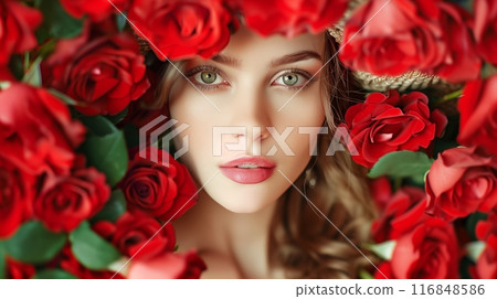 Beautiful woman is surrounded by large red roses, creating a captivating and mysterious ambiance. Her presence framed by the flowers exudes allure and charm. AI Generated Beautiful woman is surrounded by large red roses, creating a captivating and mysterious ambiance. Her presence framed by the flowers exudes allure and charm. AI Generated 116848586