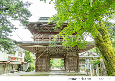 Ibigawa Town, Gifu Prefecture: The Niomon Gate of Kegonji Temple on Mount Yagikumi, surrounded by fresh greenery Ibigawa Town, Gifu Prefecture: The Niomon Gate of Kegonji Temple on Mount Yagikumi, surrounded by fresh greenery 116849270