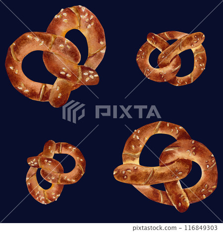 Watercolor hand drawn pattern with pretzels on dark blue background 116849303