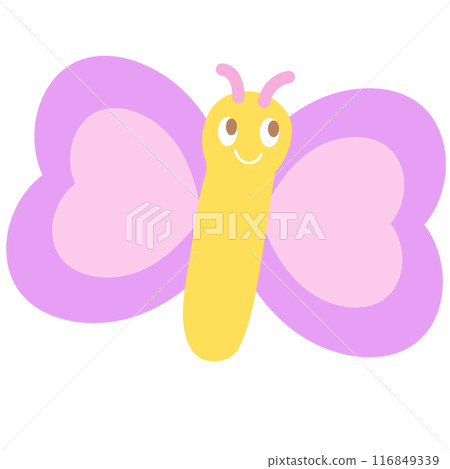 Illustration of happy butterfly for animal, spring, summer, flower, floral print, cartoon character, comic, mascot, cute patches, brooch, shirt print, plush toy, kid doll, nature, garden, blossom, ads 116849339