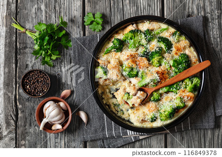 Chicken Divan with broccoli and panko, top view 116849378