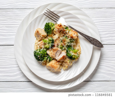 Chicken Divan with broccoli and panko, top view 116849381