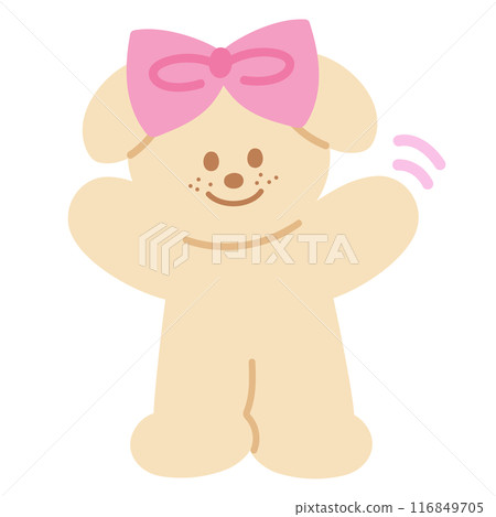 Illustration of puppy with pink ribbon for cartoon character, comic, mascot, animal, dog sticker, standee, pet shop, vet, cute patches, brooch, plush toy, kid doll, adopt and rescue pet, pet accessory 116849705