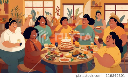 International people around the world  fun gatherings  cultural elements and delicious food, focusing on body positivity and community spirit. 116849801