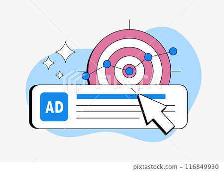 Digital marketing concept with PPC online advertising, promotion, traffic research and targeted ads with revenue chart. Pay Per Click Marketing, cursor clicks on targeted ppc ad. Vector Illustration Digital marketing concept with PPC online advertising, promotion, traffic research and targeted ads with revenue chart. Pay Per Click Marketing, cursor clicks on targeted ppc ad. Vector Illustration 116849930