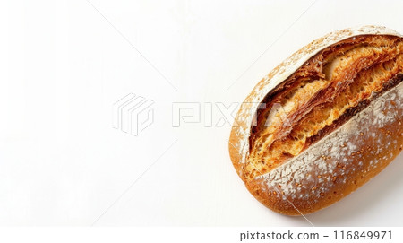 A freshly baked loaf of wheat bread sits on a white background. Generative AI 116849971