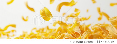 Raw Italian pasta gracefully falls against a white background. Generative AI 116850046