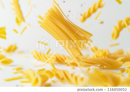 Uncooked Italian pasta falling gracefully against a white background. Generative AI 116850052