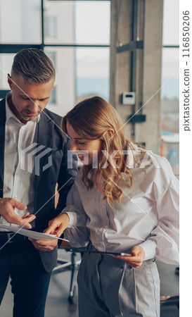 Two professional executives experts discussing financial accounting papers working together Two professional executives experts discussing financial accounting papers working together 116850206