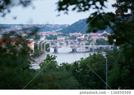 Aerial cityscape evening view of Prague, capital of Czech Republic, view from Letna park Aerial cityscape evening view of Prague, capital of Czech Republic, view from Letna park 116850389