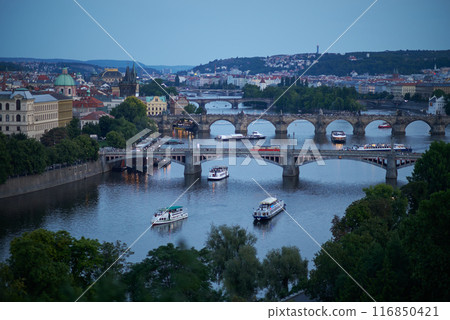 Aerial cityscape evening view of Prague, capital of Czech Republic, view from Letna park Aerial cityscape evening view of Prague, capital of Czech Republic, view from Letna park 116850421