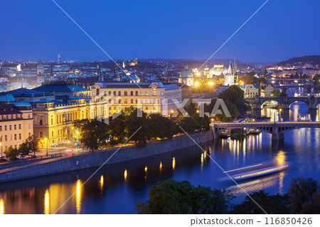 Aerial cityscape evening view of Prague, capital of Czech Republic, view from Letna park Aerial cityscape evening view of Prague, capital of Czech Republic, view from Letna park 116850426