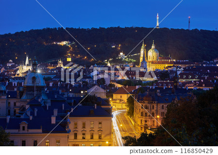 Aerial cityscape evening view of Prague, capital of Czech Republic, view from Letna park Aerial cityscape evening view of Prague, capital of Czech Republic, view from Letna park 116850429