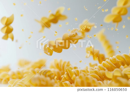 Raw Italian pasta falls gracefully against a white background. Generative AI 116850650