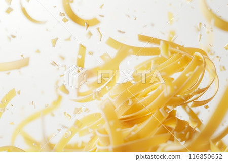 Close-up of raw Italian pasta falling gracefully against a white background. Generative AI Close-up of raw Italian pasta falling gracefully against a white background. Generative AI 116850652