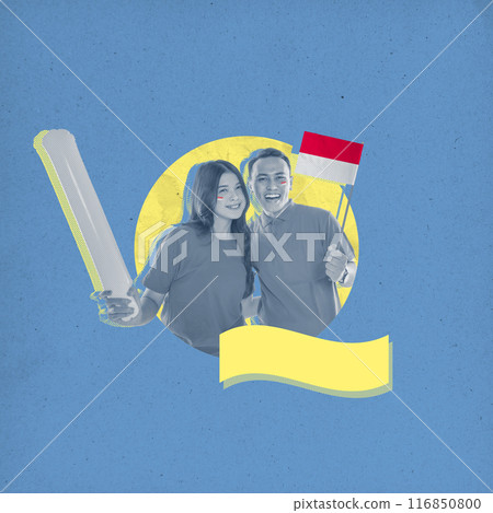 A couple holding a bat and a flag 116850800