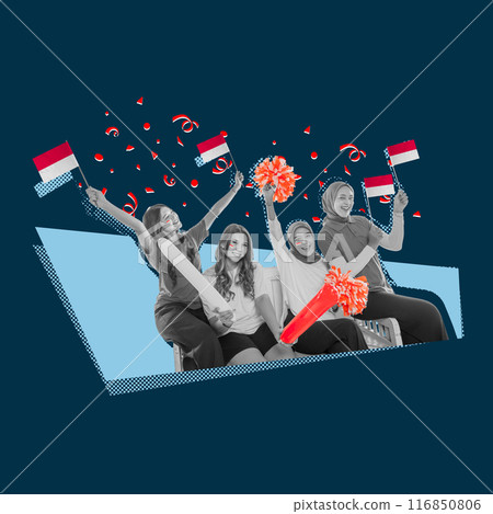 A group of women are holding flags and cheerleading pom poms 116850806