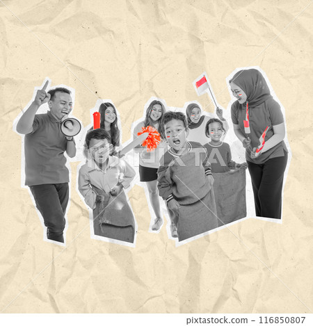 A group of people are posing for a picture of a sack race contest, with one man holding a megaphone 116850807