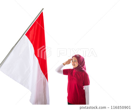 A portrait of a woman with a respectful gesture to the Indonesian flag A portrait of a woman with a respectful gesture to the Indonesian flag 116850901
