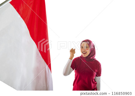 A portrait of a woman with an excited expression with the Indonesian flag 116850903