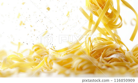 Raw, uncooked pasta falls gracefully on a white surface. Generative AI 116850909