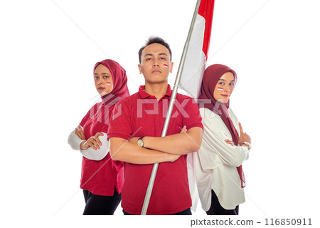Portrait of Indonesian people with arms crossed carrying Indonesian flags Portrait of Indonesian people with arms crossed carrying Indonesian flags 116850911