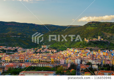 Town of Bosa and the Old Castle of Serravalle at sunset, Oristano, Sardinia Town of Bosa and the Old Castle of Serravalle at sunset, Oristano, Sardinia 116850946