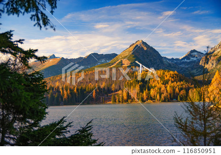 Mountain lake named Strbske Pleso in High Tatras, Slovakia, with a ski jump Mountain lake named Strbske Pleso in High Tatras, Slovakia, with a ski jump 116850951