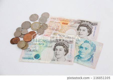 Photographed on a white background. A little old world money series. British pound. 116851105