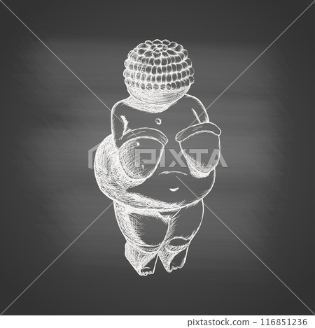 Venus of Willendorf - chalk drawing on the blackboard. Hand drawn sketch in vintage engraving style of fertility deity or mother goddess. Cultural artifact, historical heritage. Vector illustration. 116851236