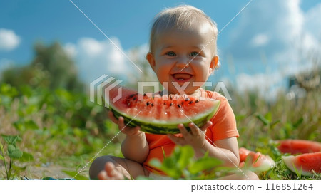 Happy baby girl enjoying big slice of watermelon on a sunny summer day 116851264
