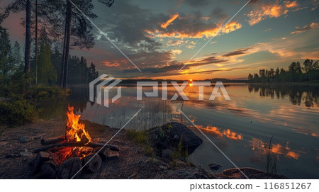 Bonfire burning near lake in finland during beautiful summer sunset 116851267