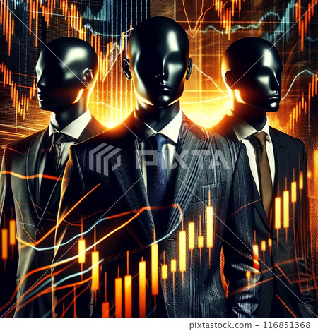 Three faceless men in suits amidst dynamic stock market graphs 116851368