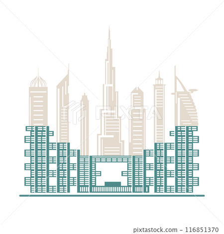 United Arab Emirates skyscrapers silhouette. Dubai buildings, hotels and symbol vector illustration. Dubai city skyline. Towers and landmarks cityscape. Camel. Design for banner, poster or print. 116851370