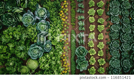 Lush succulent garden showcasing a variety of shapes and shades of green 116851421