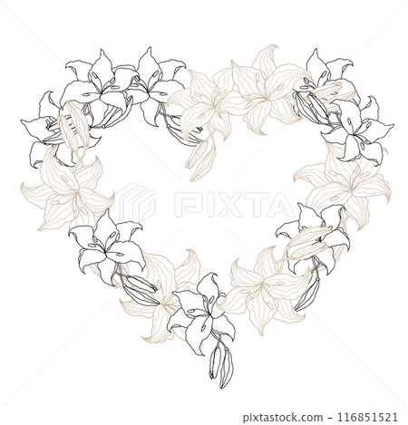Lillie line art flower heart wreath for wedding card or invitations. Hand drawn vector illustration template. 116851521