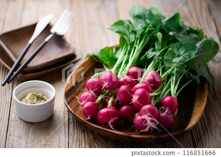 Fresh radishes (radishes) on a barnwood background Fresh radishes (radishes) on a barnwood background 116851666