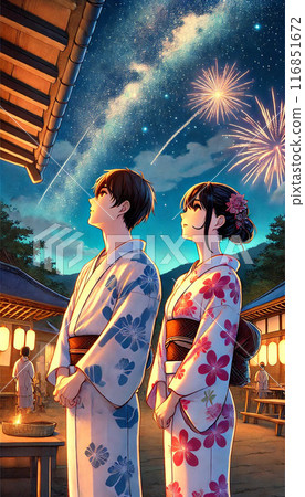 Men and women looking up at the summer night sky 116851672