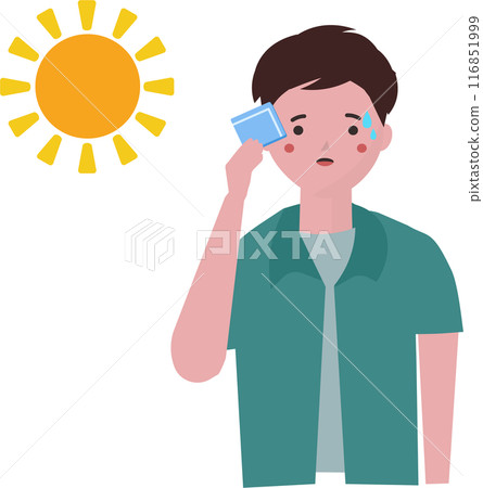 A man in short sleeves wiping sweat. Going out in the hot summer. Vector illustration A man in short sleeves wiping sweat. Going out in the hot summer. Vector illustration 116851999
