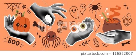 Halloween collage banner template for media design. Spooky modern cut out elements and doodles. Trendy pop art vector 116852007