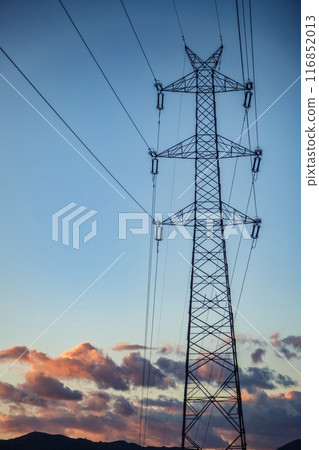 Electricity pylon also overhead line pylon. Construction forms windows. Electricity pylon also overhead line pylon. Construction forms windows. 116852013