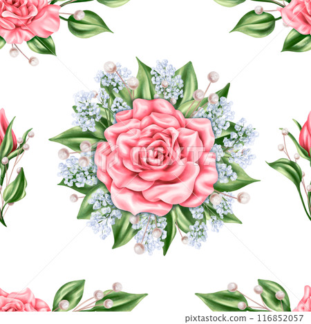 Seamless pattern of vintage pastel pink rose buds, blue gypsophila twigs and green leaves. Romantic and beautiful digital illustration, repeating pattern. For invitations, date saving, greeting card 116852057